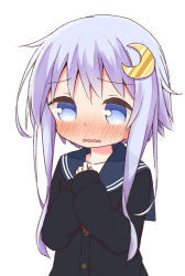 Rule 34 | 1girl, ayanepuna, black cardigan, blue eyes, blue sailor collar, blush, cardigan, commentary request, crescent, crescent hair ornament, hair ornament, hands up, kantai collection, long hair, long sleeves, nose blush, parted lips, purple hair, sailor collar, school uniform, serafuku, short hair with long locks, sidelocks, simple background, sleeves past wrists, solo, sweat, very long hair, wavy mouth, white background, yayoi (kancolle)
