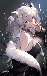 Rule 34 | 1girl, ahoge, animal ears, bare shoulders, blouse, breasts, cleavage, earrings, from side, fur-trimmed jacket, fur trim, grey eyes, grey hair, hair between eyes, highres, hololive, jacket, jewelry, kakage, large breasts, licking, licking finger, lion ears, lion girl, long hair, looking at viewer, necklace, see-through, see-through cleavage, shirt, shishiro botan, shishiro botan (1st costume), sleeveless, sleeveless shirt, smile, solo, tongue, tongue out, virtual youtuber