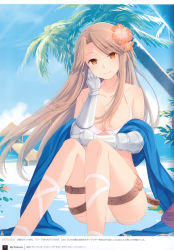 Rule 34 | 1girl, absurdres, bikini, blue sky, breasts, cloud, cloudy sky, day, granblue fantasy, highres, katalina (granblue fantasy), long hair, looking at viewer, medium breasts, outdoors, page number, scan, simple background, sitting, sky, smile, solo, swimsuit, thighs, white bikini, yashiro seika