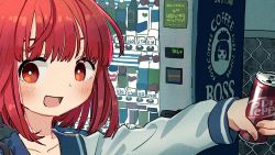 Rule 34 | 1girl, absurdres, bad id, bad tumblr id, blue sailor collar, blush, can, dr pepper, drink can, fence, highres, holding, holding can, long sleeves, open mouth, original, red eyes, red hair, sailor collar, shirt, short hair, smile, soda can, solo, upper body, vending machine, white shirt, zinbei