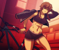 Rule 34 | 1girl, abs, amane suzuha, artist request, bicycle, bike shorts, breasts, jacket, one eye closed, smile, solo, sports bra, steins;gate, tagme, thick thighs, thighs, toned