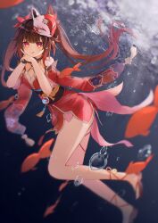 Rule 34 | 1girl, :q, absurdres, bare shoulders, black gloves, bow, brown hair, closed mouth, detached sleeves, dot nose, dress, eyeliner, fish, floating hair, foot up, fox mask, from side, full body, gloves, gradient hair, hair bow, hands on own chin, highres, honkai: star rail, honkai (series), index finger raised, knees together feet apart, long bangs, long hair, looking at viewer, makeup, mask, mask on head, multicolored hair, obi, pelvic curtain, pink eyes, red bow, red dress, red eyeliner, red hair, red sleeves, ririru, sandals, sash, short dress, short sleeves, sidelocks, single glove, sleeveless, sleeveless dress, smile, solo, sparkle (honkai: star rail), tongue, tongue out, twintails, underwater, water drop, wide sleeves
