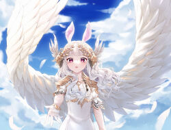 Rule 34 | 1girl, angel wings, animal ears, beckoning, blue sky, cloud, commentary, commission, day, dress, eloru, english commentary, eyelashes, feathered wings, feathers, flower, gloves, hair flower, hair ornament, laurel crown, light blush, long hair, looking at viewer, mole, mole under eye, original, outdoors, parted lips, rabbit ears, reaching, reaching towards viewer, red eyes, red lips, rose, short sleeves, shoulder pads, sky, solo, teeth, upper body, wavy hair, white dress, white gloves, white hair, white sleeves, white wings, wings