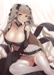 Rule 34 | 1girl, azur lane, bare shoulders, black dress, black ribbon, breasts, cleavage, closed mouth, collarbone, cross-laced clothes, curtains, detached sleeves, dress, formidable (azur lane), frilled dress, frills, garter belt, garter straps, grey hair, hair ribbon, highres, large breasts, long hair, long sleeves, maitei roppa, orange eyes, panties, ribbon, solo, thighhighs, underwear, very long hair, white panties, white thighhighs