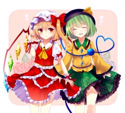Rule 34 | 2girls, :d, ^ ^, arms at sides, ascot, blonde hair, blush, bow, closed eyes, closed mouth, cowboy shot, embellished costume, eyeball, flandre scarlet, floral print, frilled shirt collar, frilled skirt, frills, green hair, green skirt, hat, hat bow, heart, heart of string, komeiji koishi, layered skirt, long sleeves, looking at viewer, mob cap, multiple girls, open mouth, puffy short sleeves, puffy sleeves, red bow, red eyes, red skirt, red vest, sakizaki saki-p, short sleeves, skirt, skirt set, smile, third eye, touhou, vest, wide sleeves