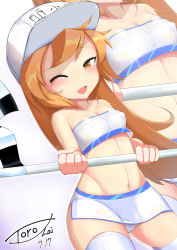 Rule 34 | 10s, 1girl, blush, breasts, brown hair, groin, hataraku saibou, highres, looking at viewer, navel, one eye closed, platelet (hataraku saibou), race queen, small breasts, smile, solo, thighhighs, white thighhighs
