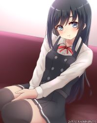 Rule 34 | 1girl, artist name, asashio (kancolle), belt, black dress, black hair, black thighhighs, blue eyes, buttons, collared shirt, couch, dated, dress, highres, kantai collection, long hair, long sleeves, looking at viewer, neck ribbon, nuka (nvkka), one-hour drawing challenge, pinafore dress, pleated dress, red ribbon, ribbon, shirt, sitting, sleeveless, sleeveless dress, smile, solo, thighhighs, twitter username, white shirt