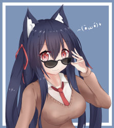 Rule 34 | 1girl, animal ear fluff, animal ears, black-framed eyewear, black hair, blue background, blush, breasts, brown sweater, cat ears, chisuzu mei, closed mouth, collarbone, collared shirt, commentary request, emoticon, fangs, fangs out, hair between eyes, hair ribbon, hand up, long hair, long sleeves, medium breasts, nagato-chan, necktie, paryi project, red eyes, red necktie, red ribbon, ribbon, shirt, sidelocks, smile, solo, sunglasses, sweater, two-tone background, two side up, upper body, very long hair, virtual youtuber, white background, white shirt