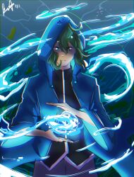 Rule 34 | 1other, absurdres, androgynous, blue jacket, bohrelight, green eyes, green hair, highres, hood, hood up, hooded jacket, jacket, len&#039;en, other focus, shaded face, shitodo aoji, short hair