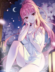 Rule 34 | 1girl, artist name, bare arms, bare shoulders, blunt bangs, blush, breasts, cherry blossoms, cleavage, collarbone, commission, crescent moon, feet out of frame, hand on own cheek, hand on own face, kneeling, lantern, large breasts, long hair, looking at viewer, moon, naked towel, night, night sky, onsen, original, outdoors, parted lips, petals, pink hair, ponytail, red eyes, sky, smile, solo, soriya, towel, twitter username, very long hair