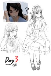 Rule 34 | 3girls, absurdres, adjusting hair, artist name, black eyes, black hair, blunt bangs, bow, dress, finger to own chin, full body, glasses, hair bow, hand up, highres, kofi-mo, lineart, long dress, long hair, looking to the side, mary janes, multiple girls, neck ribbon, original, partially colored, ribbon, school uniform, shirt, shoes, short sleeves, signature, sitting, sleeveless, sleeveless dress, upper body
