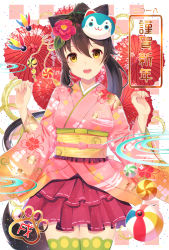 Rule 34 | 1girl, :d, animal ears, black hair, dog ears, dog girl, dog tail, floral print, flower, furisode, green thighhighs, hair between eyes, hair flower, hair ornament, highres, japanese clothes, kimono, long hair, looking at viewer, new year, open mouth, original, parasol, pink skirt, ponytail, ribbon-trimmed skirt, ribbon trim, shiarisu, skirt, smile, solo, tail, teeth, thighhighs, umbrella, upper teeth only, very long hair, wide sleeves, yellow eyes