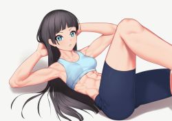 Rule 34 | 1girl, abs, armpits, arms behind head, black hair, blue eyes, breasts, collarbone, commentary, dumbbell nan kilo moteru?, exercising, hime cut, long hair, medium breasts, muscular, muscular female, parted lips, putcher, solo, souryuuin akemi, sports bra, white background