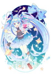 Rule 34 | 1girl, :d, ^^^, black gloves, black shirt, blue bow, blue eyes, blue hair, blush, bow, box, brown footwear, building, capelet, constellation, fingerless gloves, gift, gift box, gloves, hair ornament, hat, hatsune miku, heart, ie (nyj1815), leg up, long hair, looking at viewer, musical note, open mouth, outstretched arm, pantyhose, pleated skirt, shirt, shoes, silhouette, single glove, skirt, smile, snowflake hair ornament, snowflakes, solo, star (symbol), twintails, very long hair, vocaloid, white pantyhose