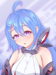 Rule 34 | 1girl, ahoge, azur lane, bare shoulders, blue hair, blush, breasts, character name, commentary, english commentary, helena (azur lane), highres, kyl490, long hair, looking at viewer, medium breasts, open mouth, purple eyes, red eyes, retrofit (azur lane), solo, twitter username, upper body