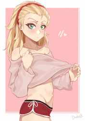 Rule 34 | 1girl, alternate costume, alternate hairstyle, blonde hair, blush, border, cowboy shot, darahan, dressing, fate/apocrypha, fate/grand order, fate (series), from side, green eyes, groin, long hair, looking at viewer, mordred (fate), mordred (fate/apocrypha), navel, outside border, pink background, short shorts, shorts, solo, white border