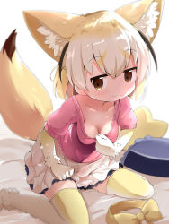 Rule 34 | 10s, 1girl, :3, animal ears, blonde hair, bow, bowtie, unworn bowtie, breasts, brown eyes, cleavage, collarbone, come hither, commentary request, elbow gloves, extra ears, fennec (kemono friends), fox ears, fox tail, gloves, highres, kemono friends, looking at viewer, makuran, medium breasts, pillow, short hair, short sleeves, sitting, skirt, solo, tail, thighhighs, wariza, white thighhighs, yellow thighhighs