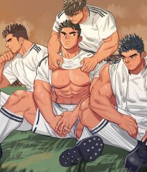 Rule 34 | 4boys, abs, american football uniform, bara, bare pectorals, blush, grass, hair over one eye, hand on own chin, highres, large pectorals, long sideburns, male focus, mature male, multiple boys, muscular, muscular male, navel, nipples, original, own hands together, pectorals, seductive smile, shirt, short hair, short shorts, shorts, sideburns, sideways glance, sitting, smile, smirk, soccer, socks, sparse stubble, sportswear, stomach, stroking own chin, sweat, t-shirt, thick eyebrows, towel, towel around neck, undressing another, v-shaped eyebrows, white socks, yaoi, youchi123