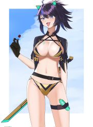 Rule 34 | 1girl, animal ears, bikini, black hair, blue eyes, blue hair, breasts, caffeine 101, candy, cleavage, fake animal ears, food, highres, kson, large breasts, lollipop, multicolored hair, navel, ponytail, saliva, saliva trail, saliva trail, solo, swimsuit, sword, tattoo, breast tattoo, thigh strap, tongue, tongue out, two-tone hair, virtual youtuber, vshojo, weapon
