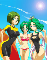 Rule 34 | 00s, 3girls, akimoto komachi, akimoto madoka, arched back, bikini, black bodysuit, bodysuit, casual one-piece swimsuit, cleavage cutout, clothing cutout, collarbone, color connection, cure mint, dark cure (yes! precure 5), dark mint, day, diving suit, eyebrows, green eyes, green hair, hair flip, highleg, highleg swimsuit, leaning forward, long hair, lowleg, lowleg bikini, multiple girls, navel, non-web source, one-piece swimsuit, polka dot, polka dot bikini, polka dot swimsuit, precure, short hair, sun, surfboard, swimsuit, wetsuit, yes! precure 5