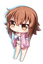 Rule 34 | 10s, 1girl, :&lt;, barefoot, bikini, blush, breasts, brown eyes, brown hair, chibi, cleavage, closed mouth, collarbone, commentary request, front-tie bikini top, front-tie top, full body, grand blue, hair between eyes, hands in pockets, hood, hood down, hooded jacket, jacket, kotegawa chisa, long hair, long sleeves, looking at viewer, medium breasts, navel, open clothes, open jacket, pink jacket, shachoo., shadow, side-tie bikini bottom, solo, standing, swimsuit, white background, white bikini