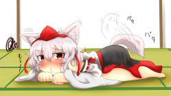 Rule 34 | 1girl, :t, absurdres, animal ears, bare shoulders, barefoot, blush, detached sleeves, hat, highres, inubashiri momiji, looking at viewer, lying, pout, red eyes, ribbon-trimmed sleeves, ribbon trim, short hair, silver hair, solo, tail, tail wagging, tears, tokin hat, touhou, translation request, wolf ears, wolf tail