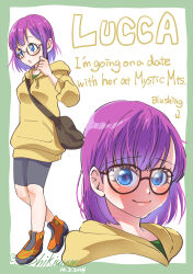 Rule 34 | 1girl, bike shorts, blue eyes, blush, breasts, chrono trigger, closed mouth, dated, english text, full body, glasses, highres, lips, looking at viewer, lucca ashtear, purple hair, shikiwo, short hair, smile, solo