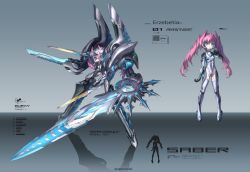 Rule 34 | 1girl, armor, artist name, bad id, bad pixiv id, blue eyes, dual wielding, energy sword, english text, female focus, glowing, glowing clothes, glowing sword, glowing weapon, holding, huge weapon, leotard, mecha, mecha musume, multiple swords, multiple views, multiple wielding, observerz, original, pink hair, power armor, robot, solo, sword, twintails, weapon
