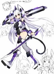 Rule 34 | 1girl, bare shoulders, boots, breasts, dual wielding, highres, holding, large breasts, long hair, mamuru, mecha musume, original, red eyes, simple background, sword, tail, thighs, very long hair, weapon, white background, white hair