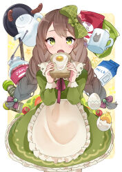 Rule 34 | 1girl, absurdres, animal print, apron, bag, blush, bow, braid, bread, bread slice, brown hair, cat print, collared dress, cracked egg, cup, dress, eating, eggshell, food, fried egg, fried egg on toast, frying pan, gradient hair, green eyes, hair bow, hair ribbon, highres, holding, holding food, jam, jar, kusunokimizuha, lettuce, long hair, long sleeves, looking at viewer, milk carton, mug, multicolored hair, neck ribbon, open mouth, original, pitcher (container), ribbon, sausage, sleeve cuffs, solo, spoon, toast, tomato, twin braids, very long hair, waist apron