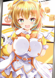 Rule 34 | 1girl, :d, against glass, between breasts, blonde hair, blue eyes, blush, bombergirl, breast press, breasts, commentary request, cube, dotted line, dress, fangs, flower-shaped pupils, frills, gloves, hair ornament, hands up, highres, large breasts, looking at viewer, multicolored hair, open mouth, pine (bombergirl), puffy short sleeves, puffy sleeves, short sleeves, smile, solo, streaked hair, symbol-shaped pupils, white dress, white gloves, xenon (for achieve)