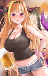 Rule 34 | 1girl, absurdres, ahoge, beer mug, black tank top, blonde hair, blue shorts, blunt bangs, blush, braid, breasts, cleavage, cup, dragon girl, dragon horns, dragon tail, hand on own hip, highres, holding, holding cup, hololive, horns, kiryu coco, large breasts, long hair, looking at viewer, mochiki 927, mug, multicolored hair, open mouth, orange hair, pointy ears, red eyes, short shorts, shorts, sidelocks, single braid, streaked hair, tail, tank top, virtual youtuber