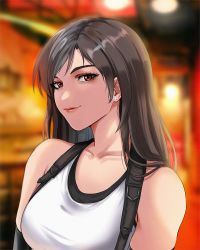 Rule 34 | 1girl, bare shoulders, black hair, blurry, blurry background, brown eyes, closed mouth, collarbone, earrings, elbow gloves, final fantasy, final fantasy vii, final fantasy vii remake, gloves, highres, indoors, jewelry, long hair, parted bangs, ryudraw, shirt, skirt, smile, suspender skirt, suspenders, suspenders gap, tank top, taut clothes, taut shirt, tifa lockhart, white tank top