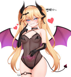 Rule 34 | 1girl, 82jhin, absurdres, bat hair ornament, black gloves, blonde hair, blue eyes, blush, breasts, bright pupils, choker, cleavage, collarbone, demon girl, demon horns, demon tail, demon wings, elbow gloves, gloves, grin, hair ornament, half-closed eyes, heart, highres, horns, index finger raised, korean text, last origin, lips, long hair, looking at viewer, medium breasts, navel, o-ring, o-ring thigh strap, parted lips, pubic tattoo, smile, solo, tail, tattoo, teeth, thetis (last origin), thigh strap, thighs, translation request, twintails, white pupils, wings
