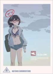 Rule 34 | 0.7 (aysatnegr), 1girl, ayane (blue archive), ayane (swimsuit) (blue archive), bikini, black hair, blue archive, blue shorts, breasts, cleavage, collarbone, glasses, grey jacket, groin, halo, highres, jacket, medium breasts, navel, open clothes, open jacket, pointy ears, red-framed eyewear, red halo, short hair, shorts, solo, striped bikini, striped clothes, swimsuit, yellow eyes