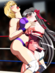 Rule 34 | 2girls, ass, back, bare shoulders, bearhug, blonde hair, blue eyes, blush, bow, breasts, brown hair, closed eyes, defeat, elbow pads, fighting, hair bow, knee pads, large breasts, long hair, multiple girls, nastassja han, noppo-san, open mouth, panties, saliva, shiny skin, shiraishi noel, short hair, sideboob, skirt, submission, sweat, tears, tongue, tongue out, underwear, upskirt, very long hair, wrestle angels, wrestling, wrestling outfit, wrestling ring, wristband