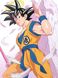 Rule 34 | 1boy, angel wings, black eyes, black hair, commentary, dougi, dragon ball, dragonball z, english commentary, feathers, halo, looking at viewer, male focus, mixed-language commentary, muscular, muscular male, salute, short hair, solo, son goku, wings, yellow halo, yonezawa mao