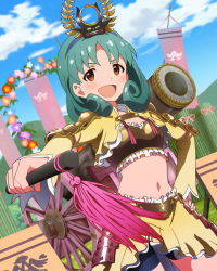 Rule 34 | &gt;:d, 10s, 1girl, :d, armor, brown eyes, green hair, hair ornament, idolmaster, idolmaster million live!, japanese armor, japanese clothes, kusazuri, looking at viewer, navel, official art, open mouth, shoulder armor, smile, sode, tokugawa matsuri, v-shaped eyebrows