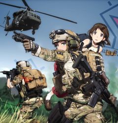 Rule 34 | 3girls, aircraft, ammunition, assault rifle, bag, camouflage, clock, commentary request, finger on trigger, glasses, glock, gun, handgun, helicopter, helmet, highres, looking at viewer, m4 carbine, magazine (weapon), military, military operator, military uniform, multiple girls, original, rifle, soldier, tanto (tc1995), uh-60 blackhawk, uniform, weapon