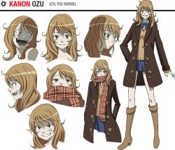 Rule 34 | 1girl, blonde hair, blue skirt, boots, bow, bowtie, brown eyes, character name, character sheet, coat, coppelion, crazy eyes, crazy smile, curly hair, full body, grin, knee boots, long hair, miniskirt, official art, orange eyes, ozu kanon, pale skin, scarf, school uniform, skirt, smile, transparent background