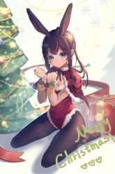 Rule 34 | 1girl, amiya (arknights), animal ears, arknights, black pantyhose, black ribbon, blue eyes, blush, bound, bound wrists, bow, box, brown hair, capelet, christmas tree, closed mouth, covered navel, full body, fur-trimmed capelet, fur-trimmed legwear, fur-trimmed leotard, fur trim, gift, gift box, hands up, heart, highres, holly, long hair, looking at viewer, merry christmas, neck ribbon, no shoes, okita (yuraolu), pantyhose, ponytail, rabbit ears, red capelet, ribbon, sidelocks, simple background, sitting, smile, snowflakes, solo, wariza, white background, yellow bow