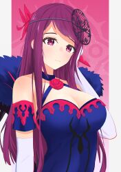 Rule 34 | 1girl, absurdres, bare shoulders, blue choker, blue dress, blush, breasts, choker, cleavage, commentary, detached sleeves, dress, elbow gloves, fire emblem, fire emblem engage, gloves, highres, ivy (fire emblem), keaworks, large breasts, long hair, looking at viewer, nintendo, purple eyes, purple hair, short sleeves, smile, solo, upper body, white gloves