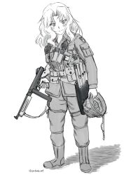 Rule 34 | 1girl, ammunition pouch, belt, blush, boots, closed mouth, collared jacket, emblem, explosive, full body, girls und panzer, gloves, grenade, greyscale, gun, hair intakes, handgun, helmet, highres, holding, holding gun, holding helmet, holding weapon, holster, jacket, kay (girls und panzer), long hair, long sleeves, looking at viewer, m1911, machine gun, magazine (weapon), military, military jacket, military uniform, monochrome, pants, pants tucked in, patch, porotto yontouhei, pouch, shoulder patch, simple background, smile, solo, standing, submachine gun, thompson submachine gun, trigger discipline, uniform, unworn headwear, unworn helmet, weapon, white background, world war ii