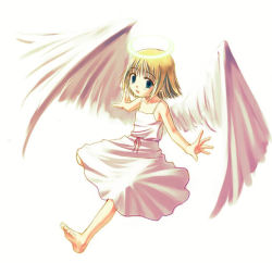 Rule 34 | 1girl, angel, barefoot, blonde hair, blue eyes, dress, short hair, simple background, solo, wings