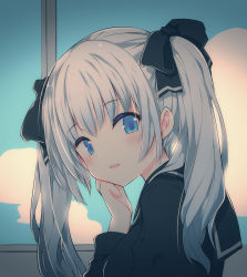 Rule 34 | 1girl, black bow, black sailor collar, black shirt, blue eyes, blue sky, blush, bow, cloud, commentary request, day, fang, fingernails, hair bow, hand up, indoors, kamiyoshi rika, long sleeves, looking at viewer, looking to the side, original, parted lips, sailor collar, school uniform, serafuku, shirt, silver hair, sky, smile, solo, twintails, upper body, window
