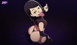 Rule 34 | 1girl, animated, animated gif, artist name, ass, bare shoulders, black background, black gloves, boruto: naruto next generations, bouncing, bouncing breasts, breasts, crop top, d-art, elbow gloves, fellatio gesture, from above, gloves, highres, huge ass, jiggle, kneeling, looking at viewer, naruto (series), naughty face, no pants, saliva, short hair, simple background, sleeveless, small breasts, smile, solo, tears, thick thighs, thighhighs, thighs, thong, tongue, tongue out, uchiha sarada