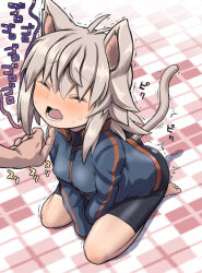 Rule 34 | 1boy, 1girl, animal ears, barefoot, between legs, bike shorts, black shirt, black shorts, blue jacket, blush, breasts, brown hair, cat ears, cat girl, cat tail, closed eyes, commentary request, hair between eyes, hand between legs, highres, jacket, kemonomimi mode, koshirae tsurugi (m.m), long hair, long sleeves, low ponytail, m.m, medium breasts, nose blush, open mouth, original, out of frame, ponytail, puffy long sleeves, puffy sleeves, scratching chin, seiza, shirt, shorts, sitting, solo focus, sweat, tail, track jacket, translation request, trembling