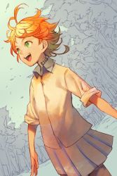 Rule 34 | 1girl, ahoge, blouse, collared shirt, cowboy shot, emma (yakusoku no neverland), green eyes, hungry clicker, neck tattoo, number tattoo, open mouth, orange hair, pleated skirt, shirt, short hair, skirt, sleeves rolled up, smile, solo, tattoo, teeth, white shirt, white skirt, yakusoku no neverland