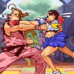 1girl 3boys black_hair blanka blue_skirt brown_hair colored_skin cromwaits crop_top dougi fighting fighting_stance green_skin headband hibiki_dan highres kasugano_sakura midriff miniskirt multiple_boys navel neckerchief orange_hair pleated_skirt ponytail punching ryu_(street_fighter) sailor_collar school_uniform serafuku skirt stomach street_fighter street_fighter_zero_(series) surprised tears toned toned_female torn_clothes torn_sleeves