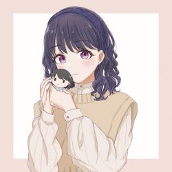 Rule 34 | 1girl, artist request, black hair, character doll, commentary request, fukumaru koito, hair down, hairband, highres, idolmaster, idolmaster shiny colors, long sleeves, looking at viewer, medium hair, purple eyes, purple nails, shirt, solo, sweater vest, swept bangs, upper body, white shirt